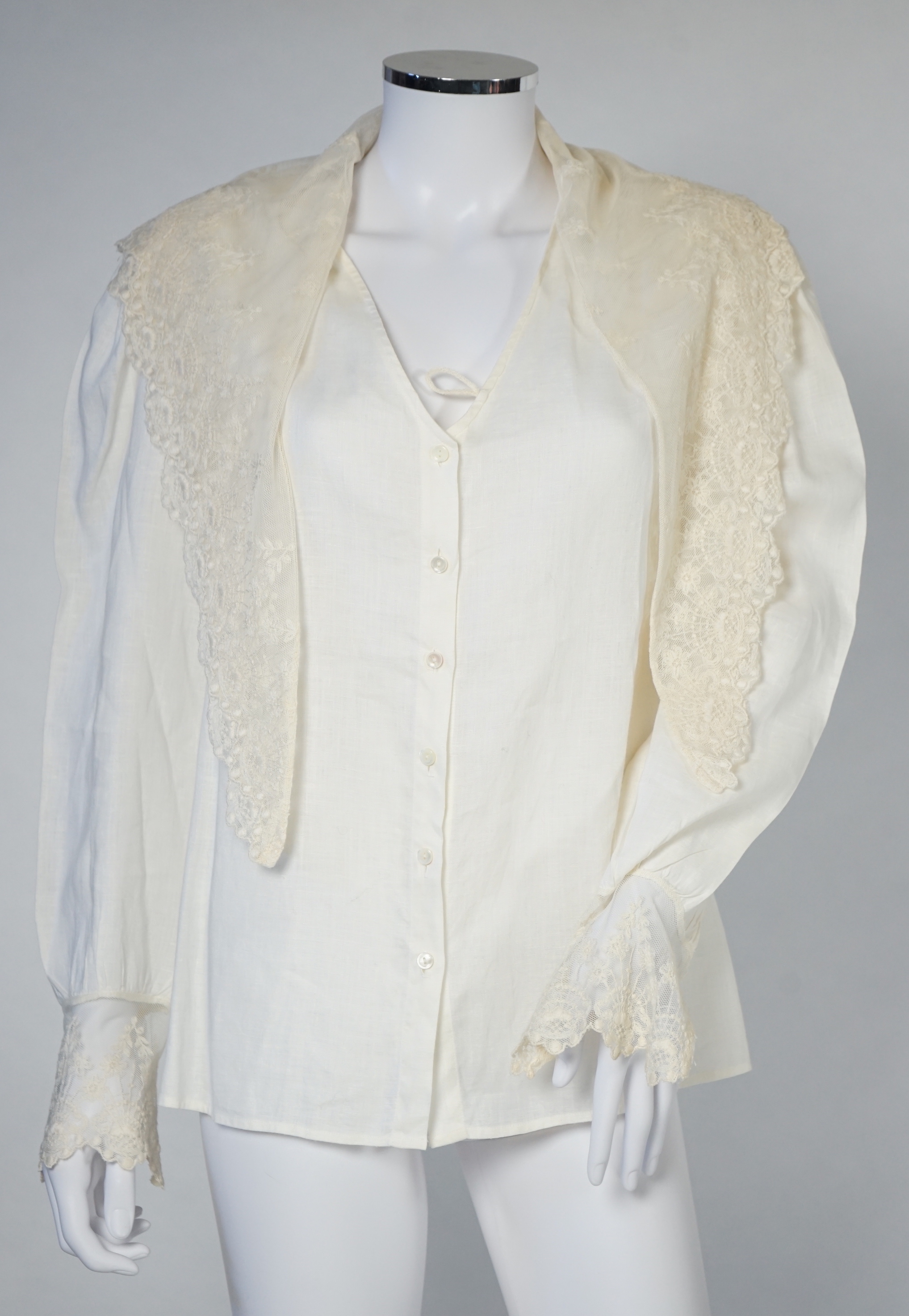 Two Ralph Lauren cotton blouses with lace detail, cream size 10, floral stripe size 8